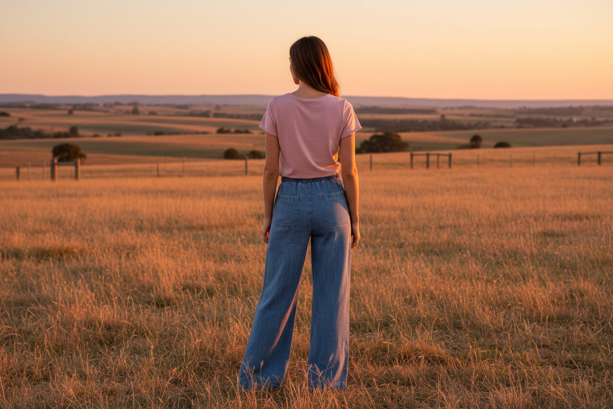 Blue Wide-Leg Drawstring Soft Jeans