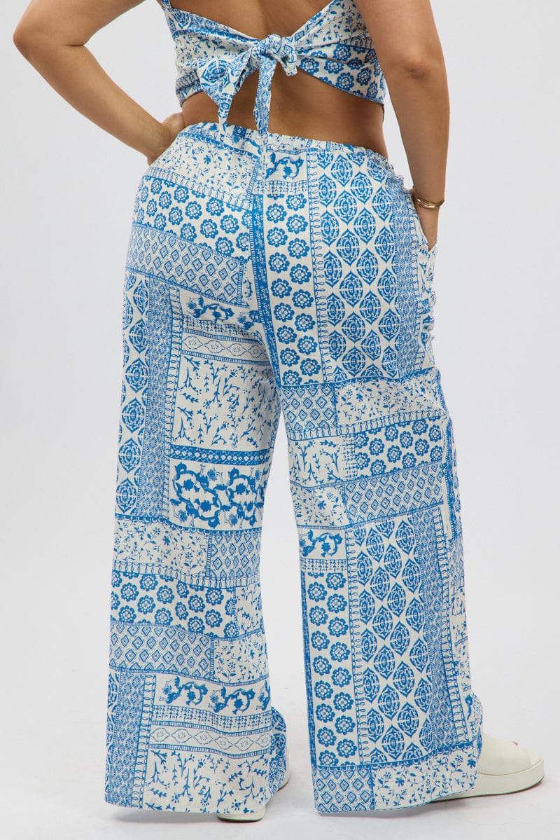 Linen Blue and White Patchwork Wide-Leg Pants