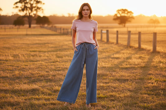 Blue Wide-Leg Drawstring Soft Jeans