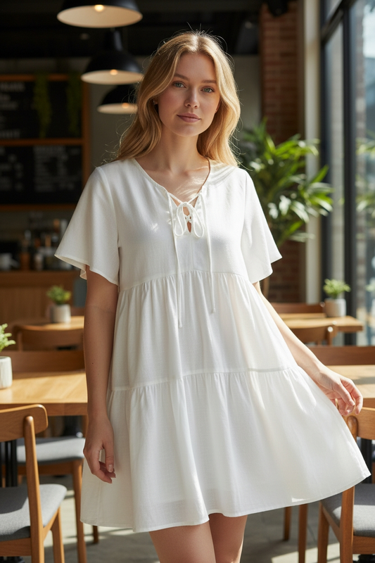 Lightweight White Linen Tiered Dress
