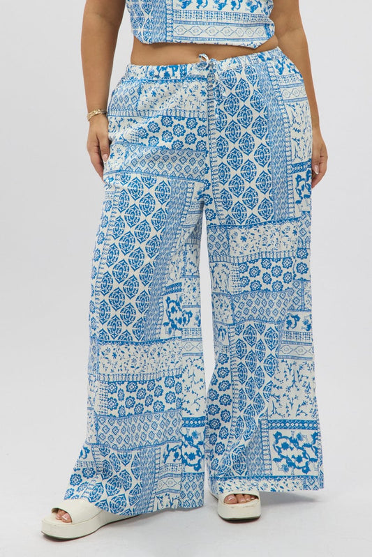 Linen Blue and White Patchwork Wide-Leg Pants